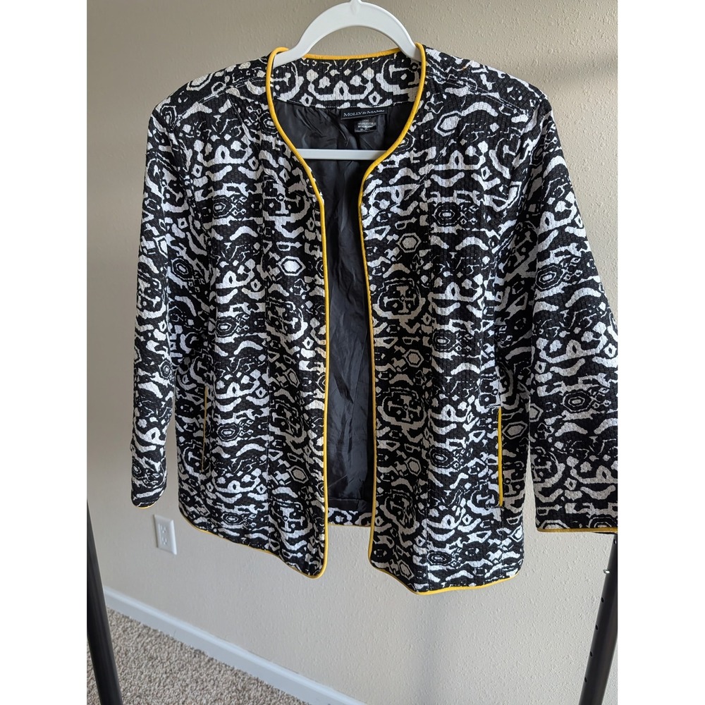Molly & Maxx XL Black White Geometric Ikat Open Front Jacket Yellow Piping Lined